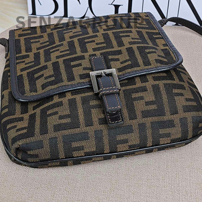 Fendi Vintage Monogram Canvas Flap Shoulder Bag Brown Women Classic