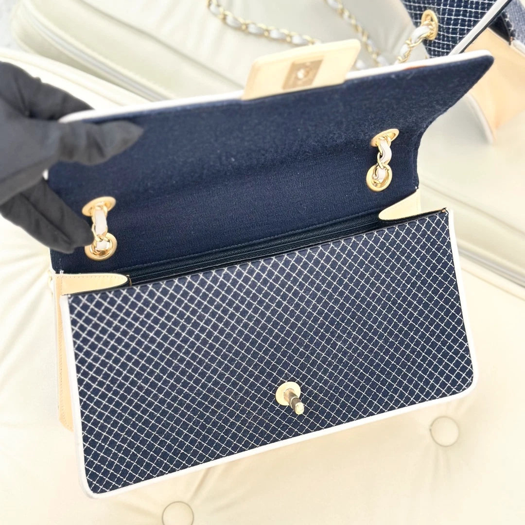 Chanel Classic Flap Grid Canvas Chain Shoulder Crossbody Blue White Gold Women