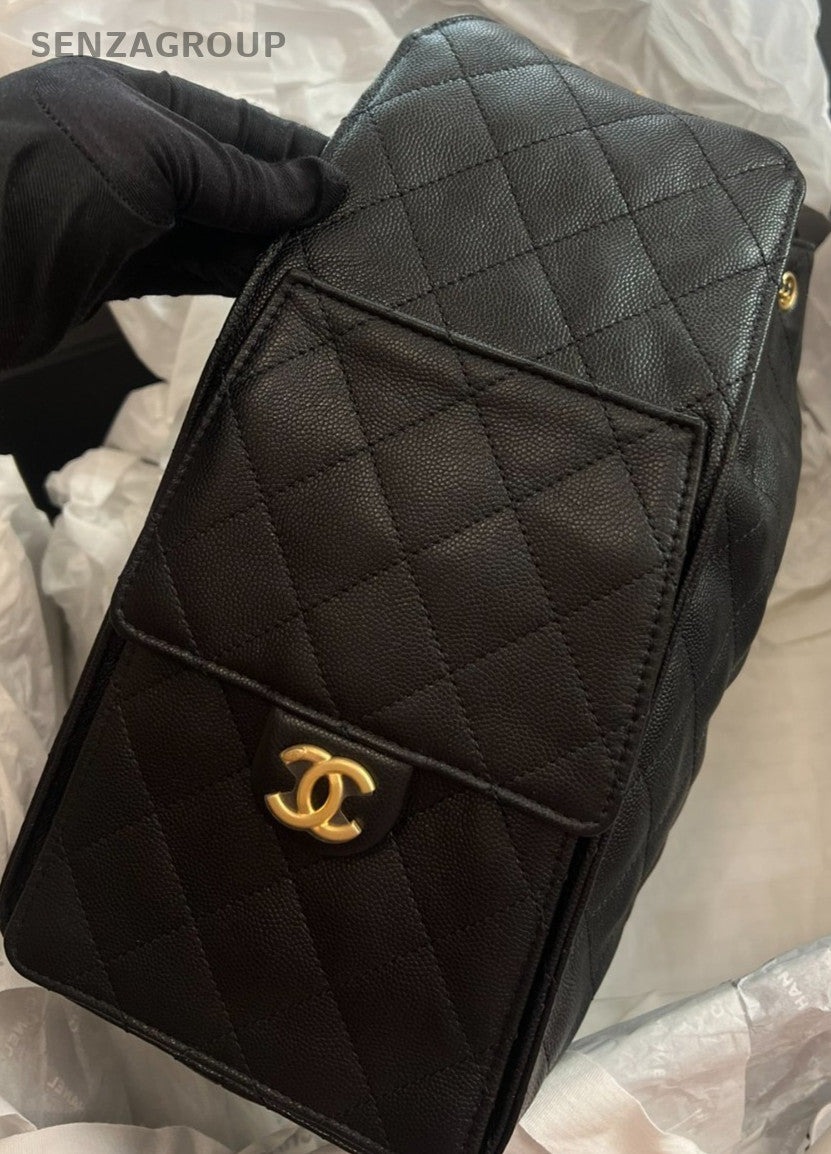 Chanel 25 Calfskin MM Chain Shoulder Bag Black Gold Used Women Classic Designer