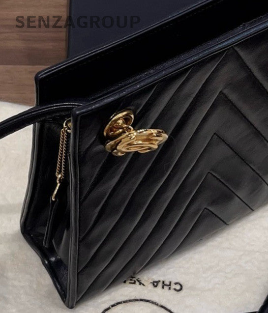 Chanel Vintage 2Way Shoulder Bag Crossbody Black Gold Women Classic