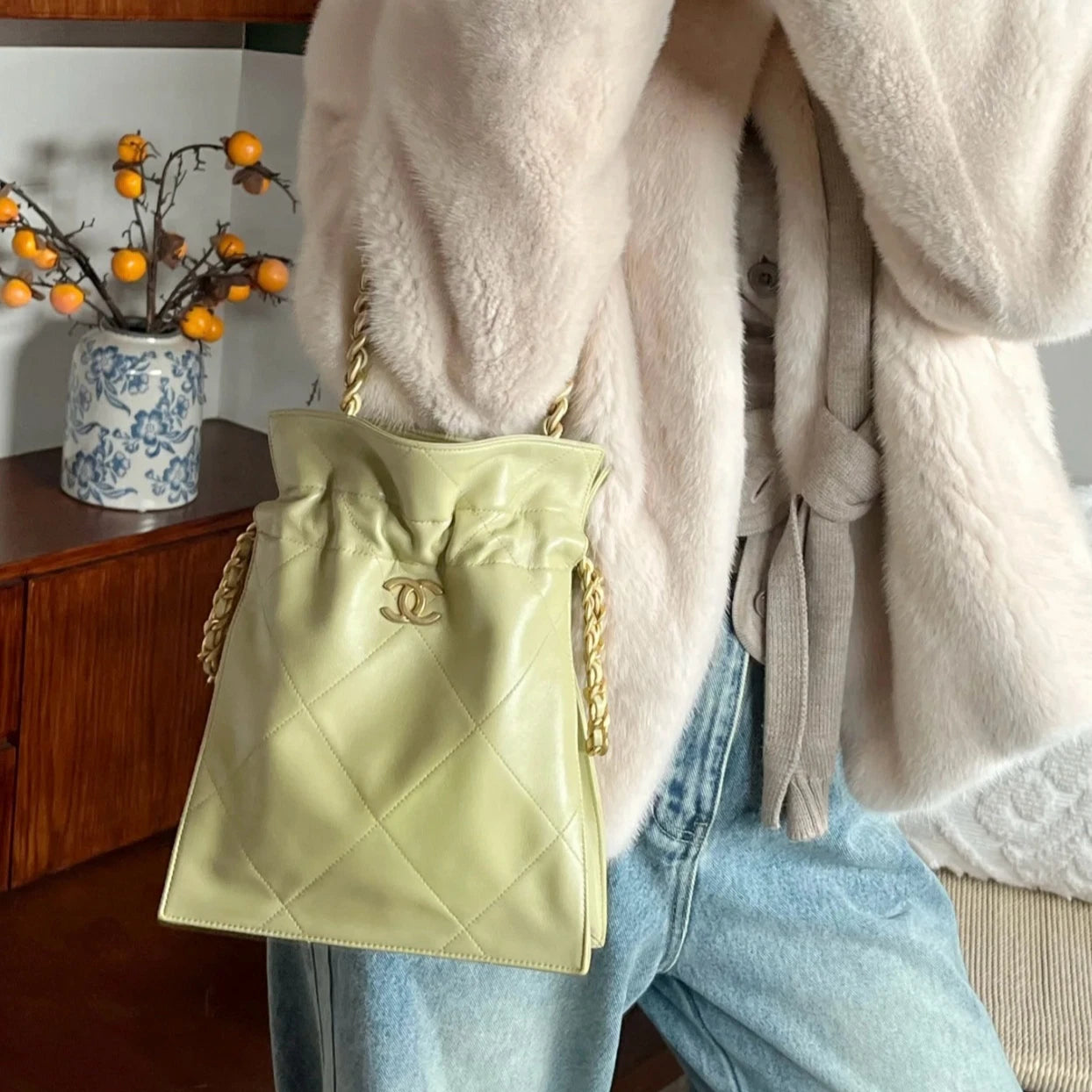Chanel Tote PM Chain Top Handle Bag Green Gold Diamond Women Classic