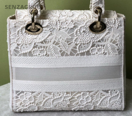 Christian Dior Lady Dior Book Tote Top Handle Bag White Used Women Classic