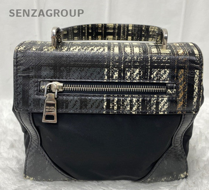 Prada Kelly 2Way Top Handle Bag Crossbody Black Silver Women Classic