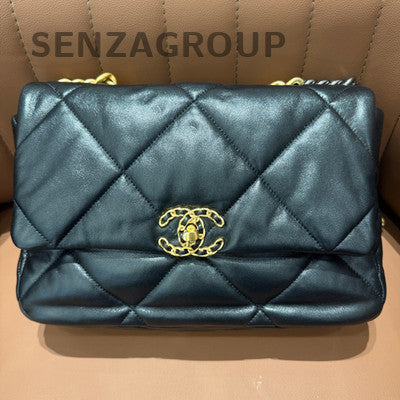 Chanel 19 Medium Quilted Chain Shoulder Bag Black Gold Classic Women