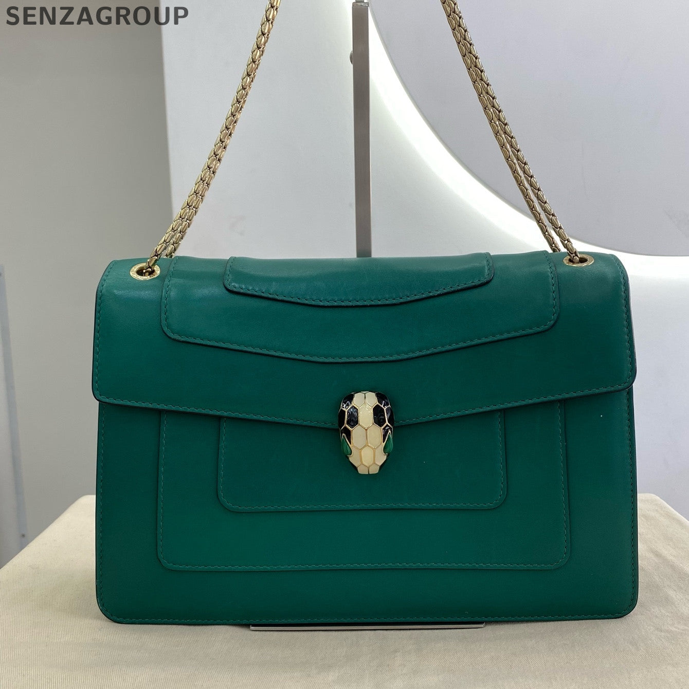 Bvlgari Serpenti Forever Medium Chain Shoulder Bag Green Gold Classic Women