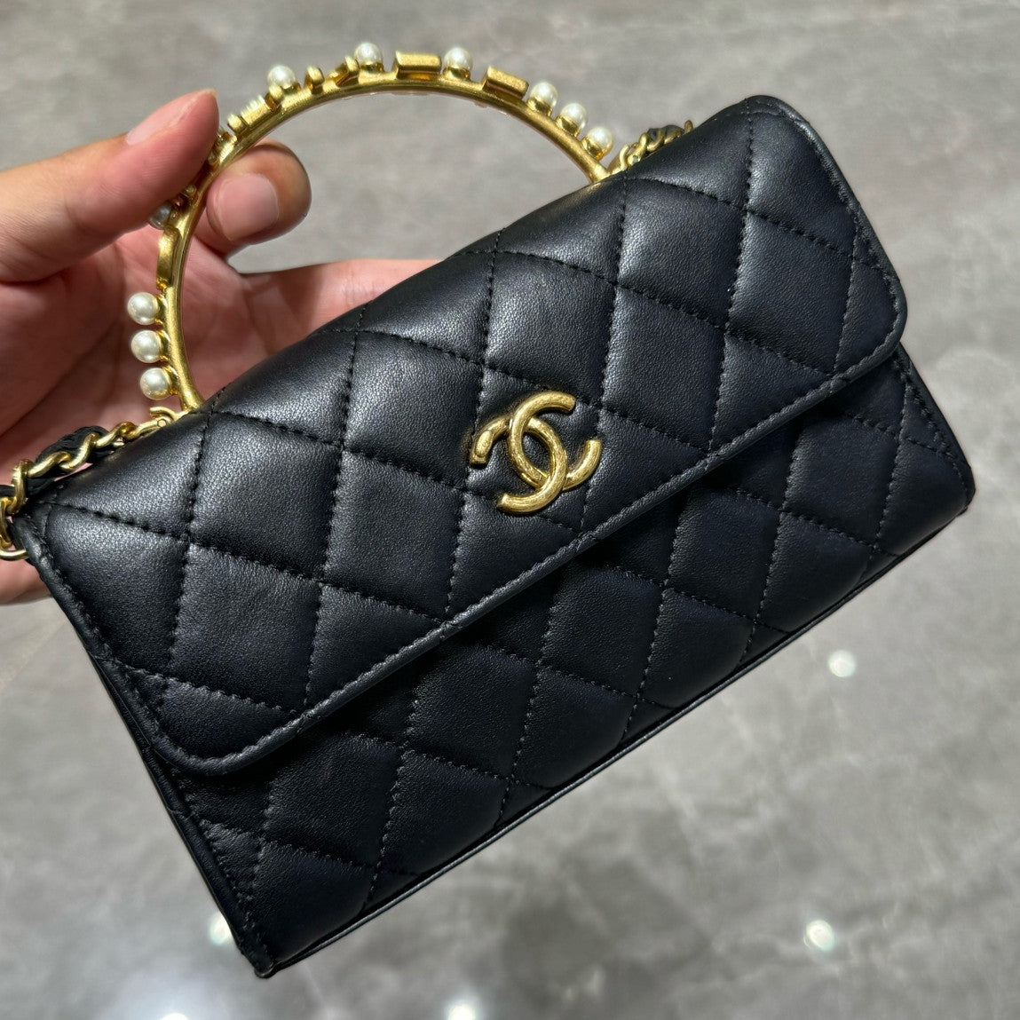 Chanel Quilted Black Gold Pearl Handle Kelly Bag for Women