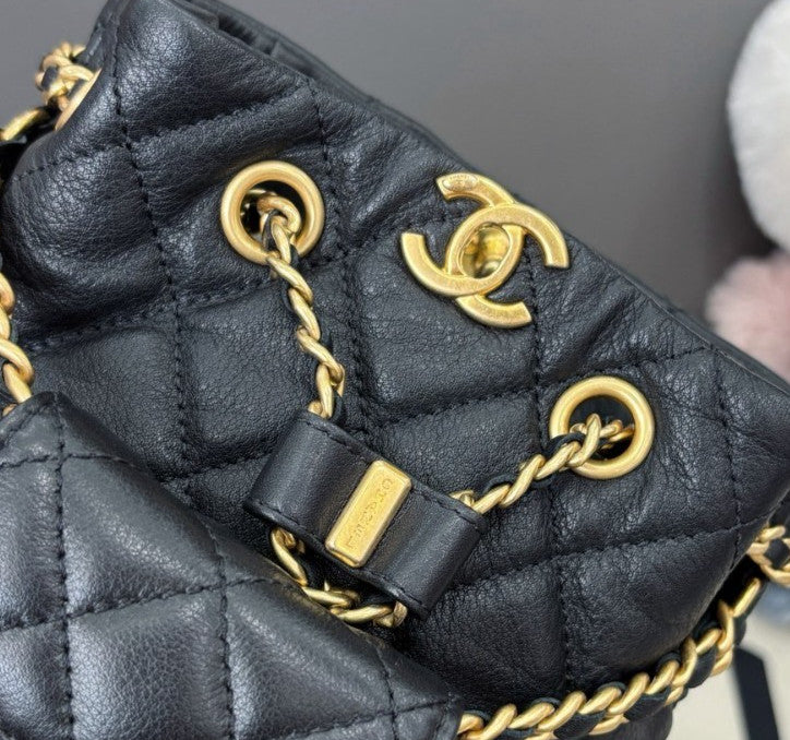 Chanel Calfskin Chain Backpack Black Gold Women Diamond Classic Fashion