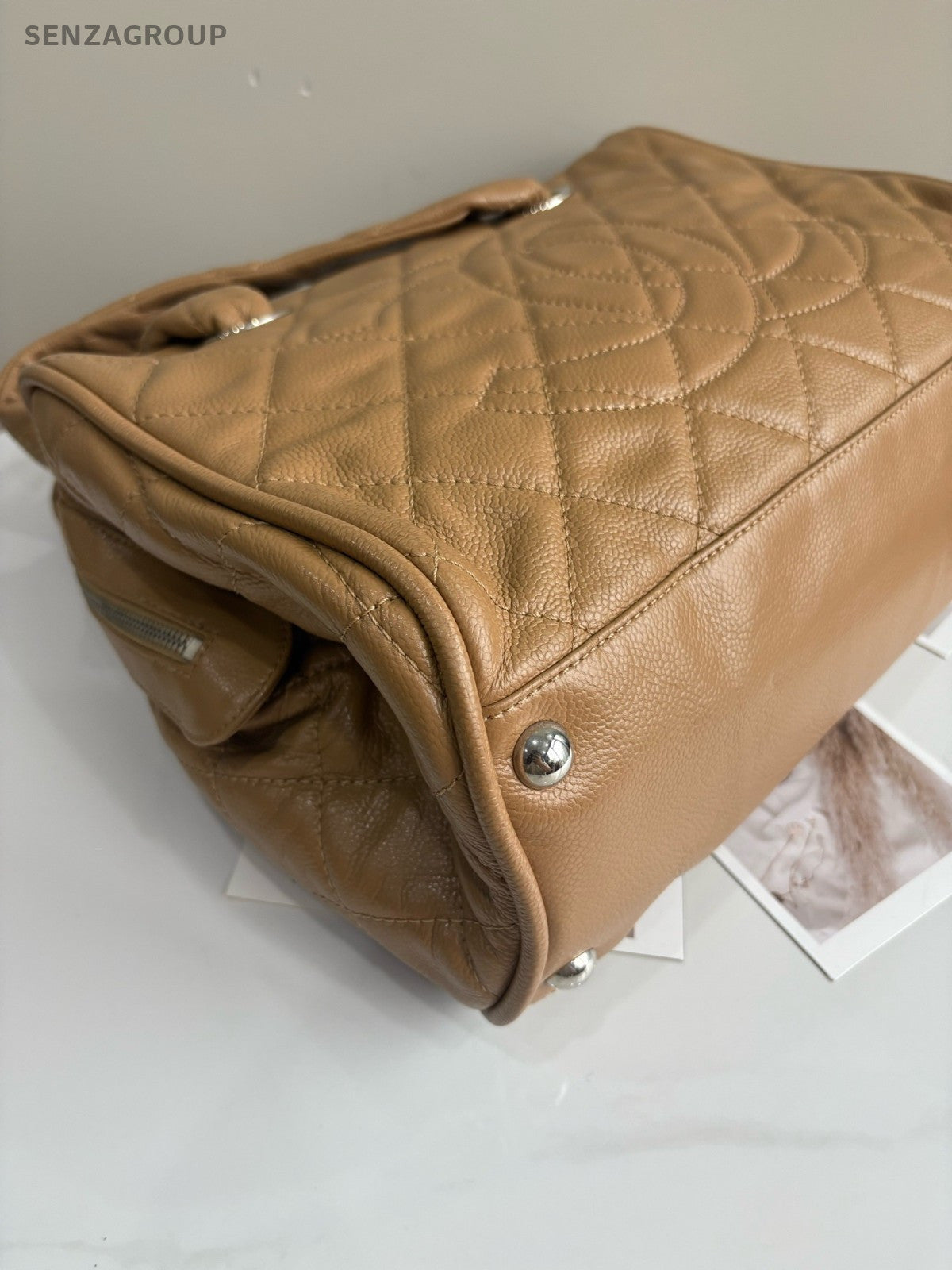 CHANEL Bowling Vintage Calfskin Boston Handbag Beige Women