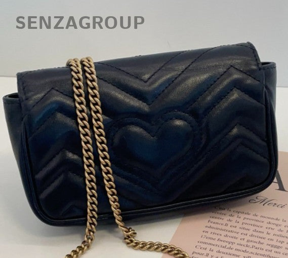 Gucci Marmont Super Mini Chain Shoulder Bag Crossbody Black Gold Women Classic