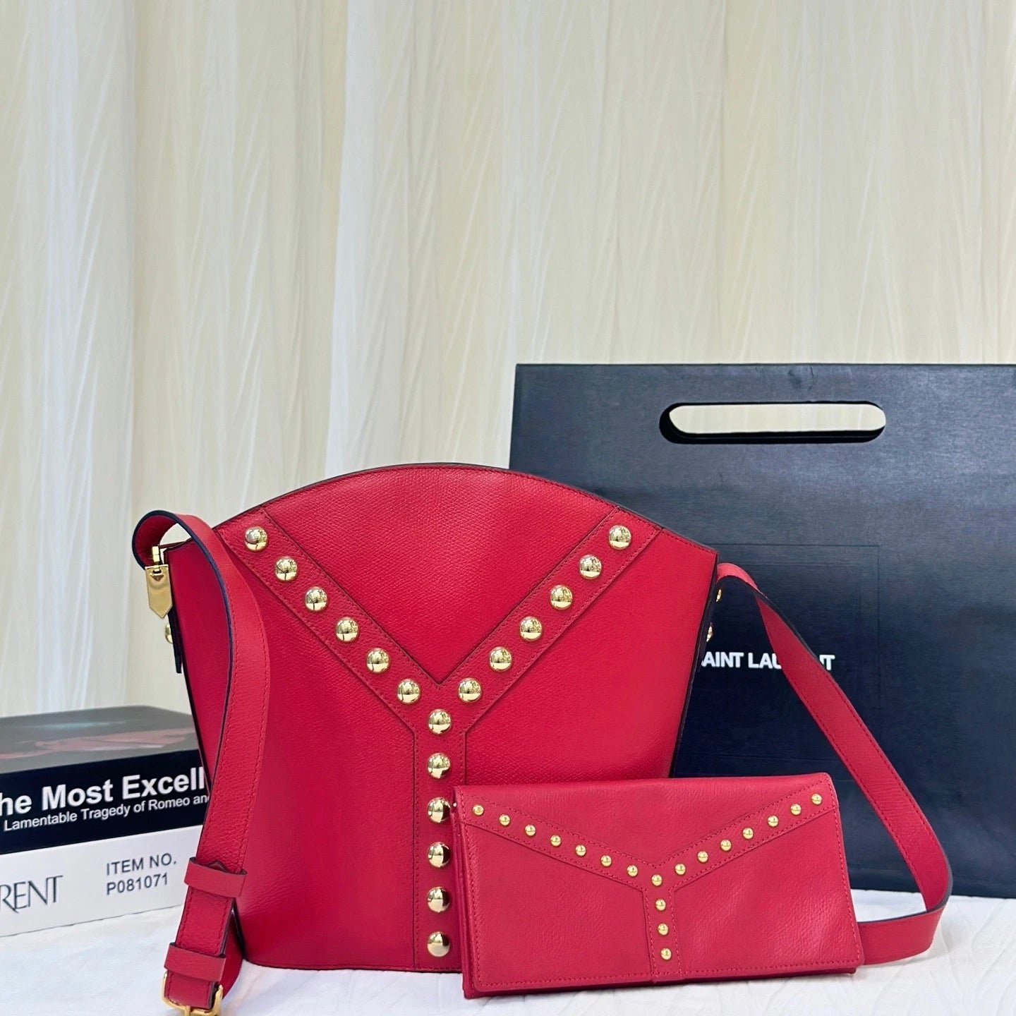 Saint Laurent Red Leather Rivet Flask Shoulder Crossbody For Women