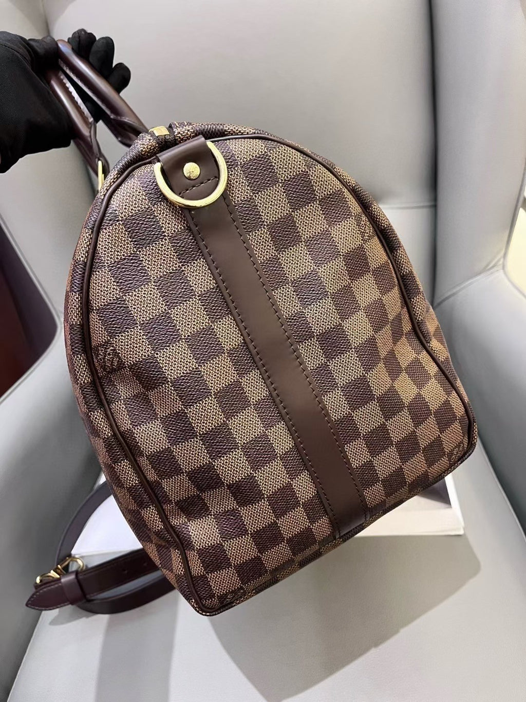 Louis Vuitton Keepall45 Damier Ebene Top Handle Shoulder Bag Brown Gold Unisex