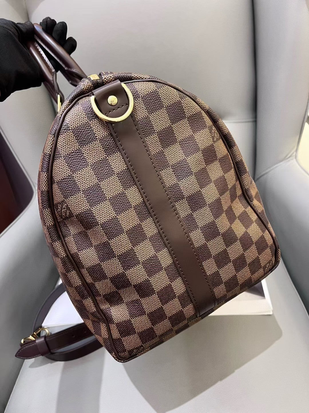 Louis Vuitton Keepall45 Damier Ebene Top Handle Shoulder Bag Brown Gold Unisex