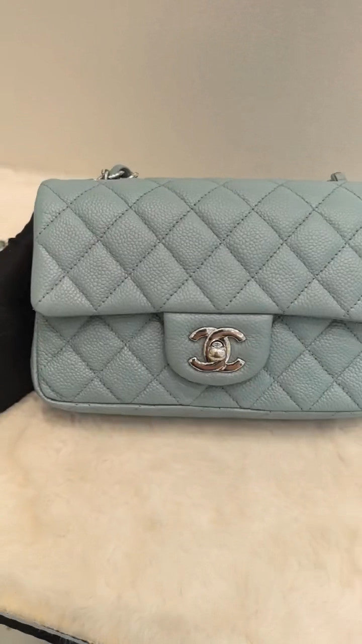 Chanel Classic Flap Mini Calfskin Chain Shoulder Bag Crossbody Blue Silver Women
