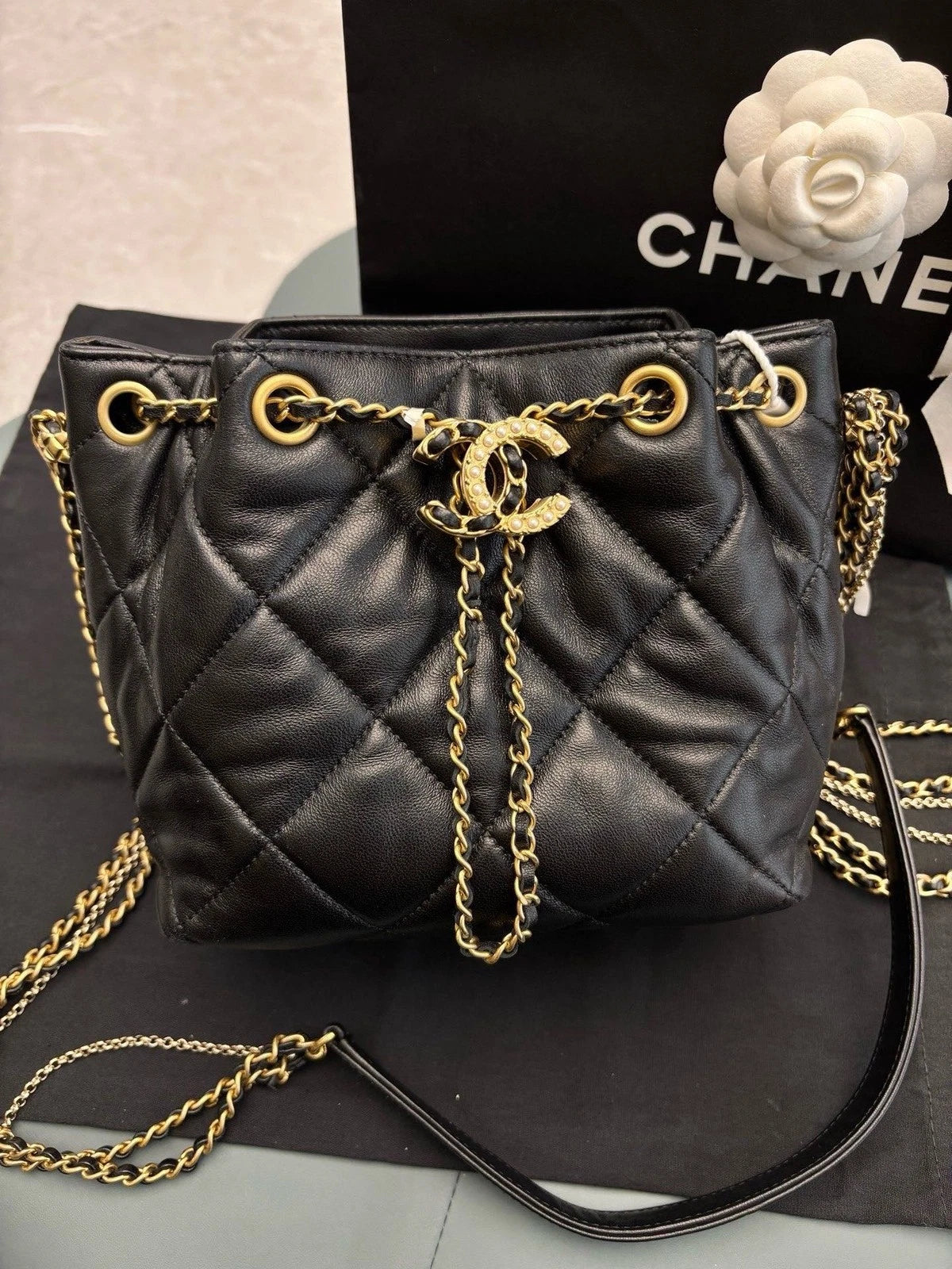 CHANEL Black Gold Leather Drawstring Bucket Bag For Women
