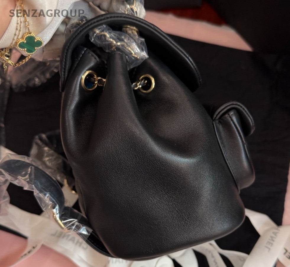 Chanel Duma PM Calfskin Backpack Black Gold Used Women Classic Diamond