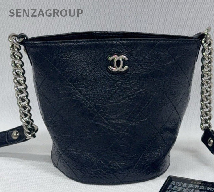 Chanel Diamond Chain Bucket Shoulder Bag Crossbody Black Silver Women Classic