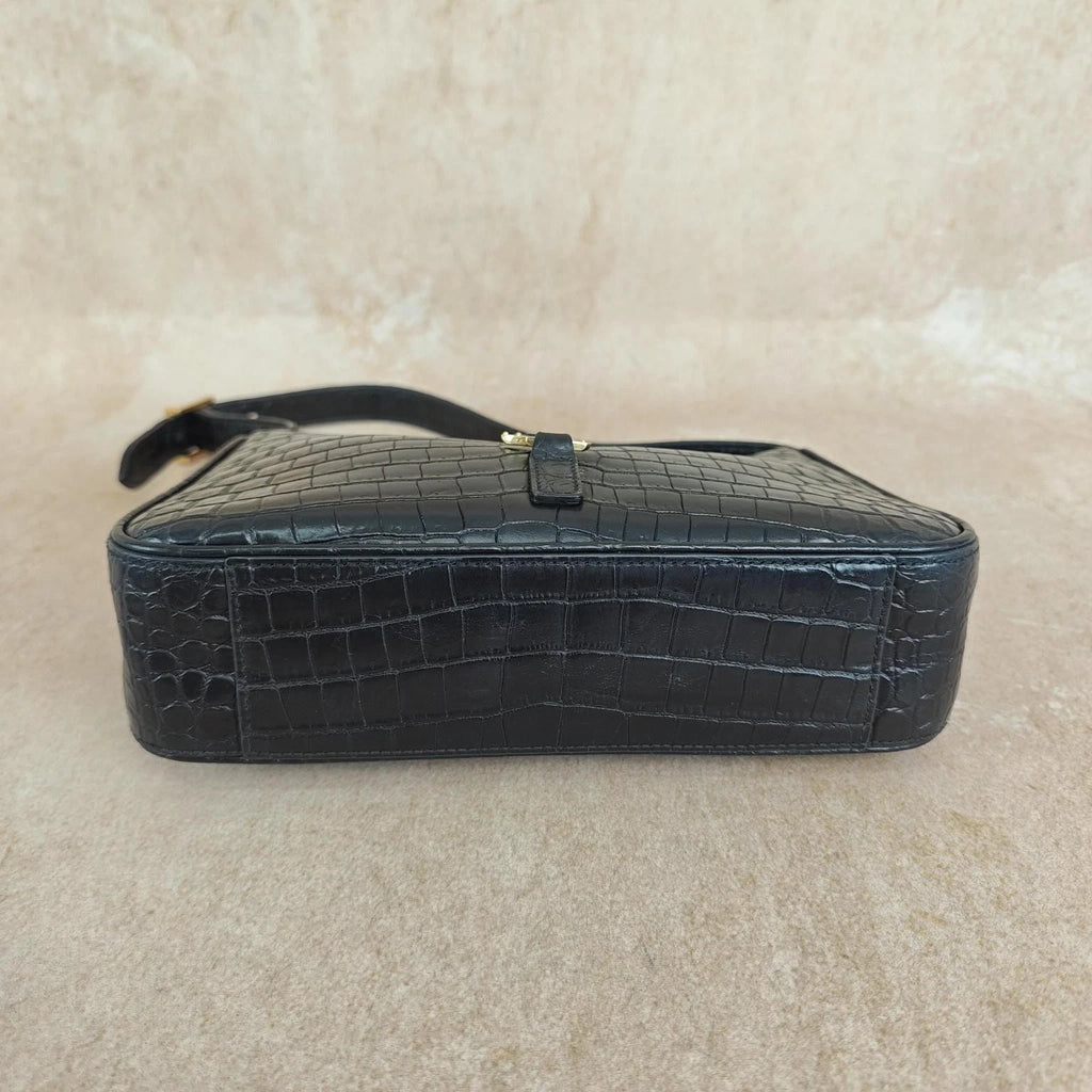 YSL Crocodile Embossed Black Gold Hobo Shoulder Bag For Women