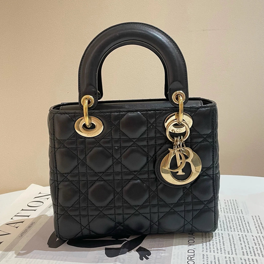 Dior Lady Dior Lambskin Black Gold Shoulder Bag Handbag Excellent