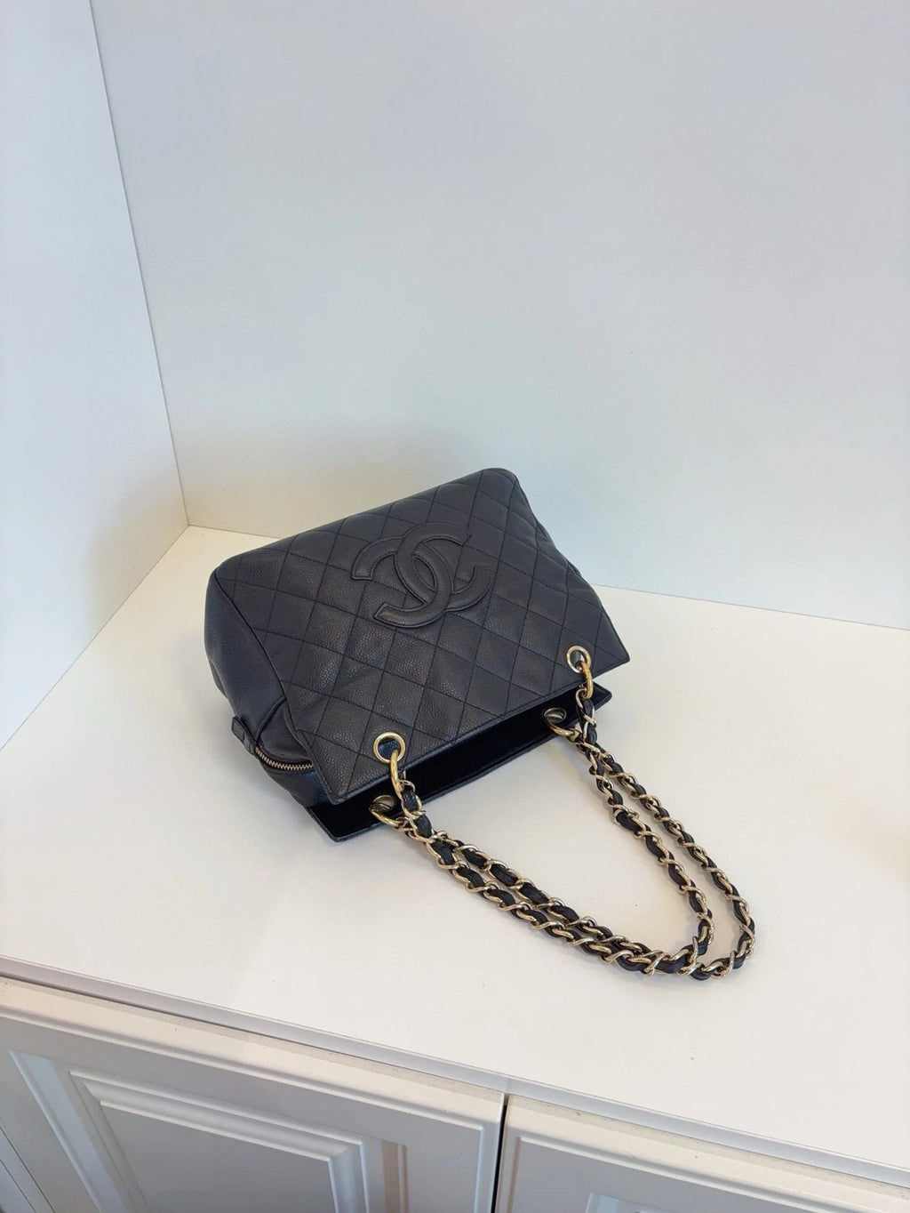 Chanel PTT Small Fatty Zip Tote Bag Black Caviar Leather Women Classic