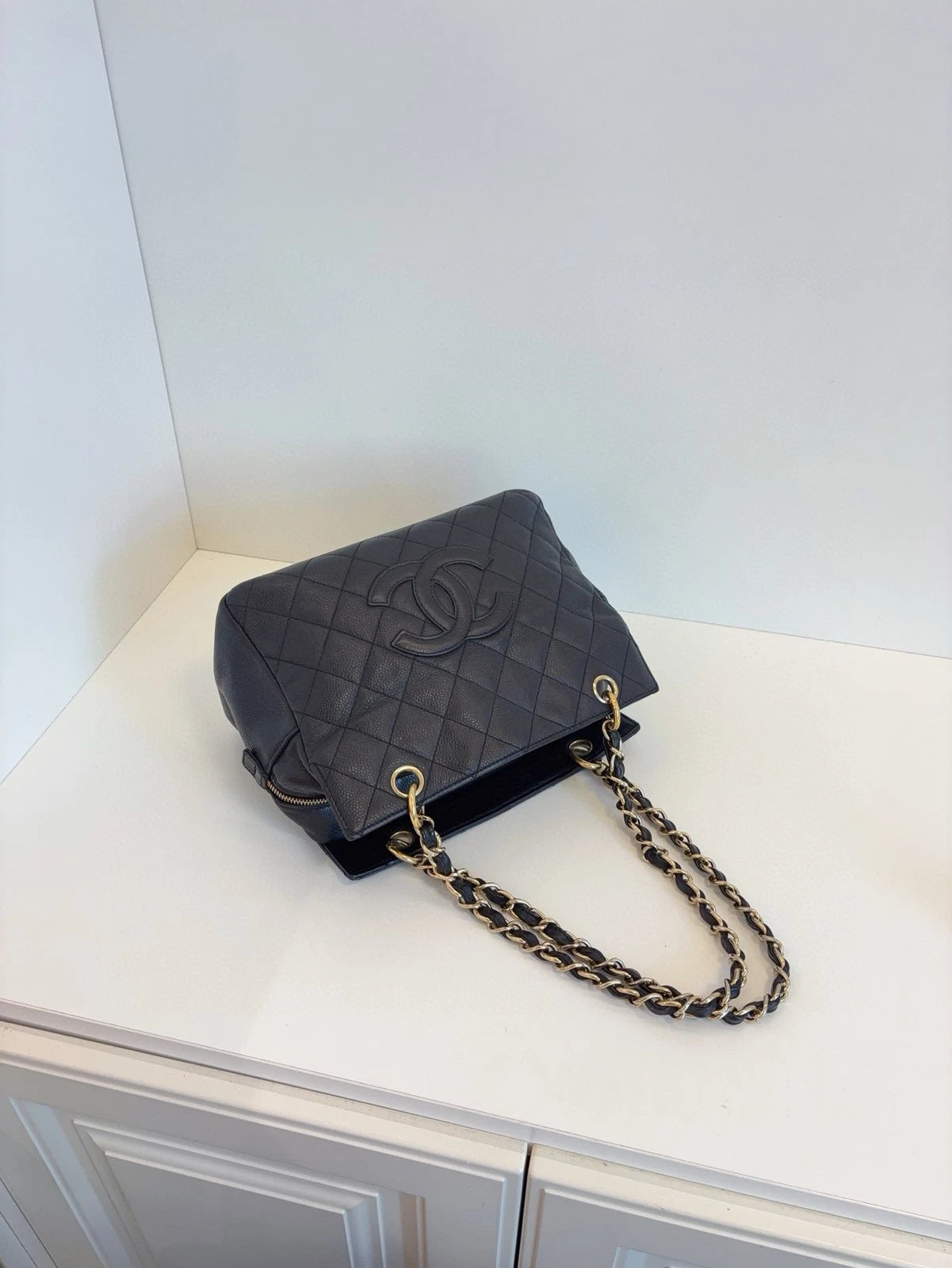 Chanel PTT Small Fatty Zip Tote Bag Black Caviar Leather Women Classic