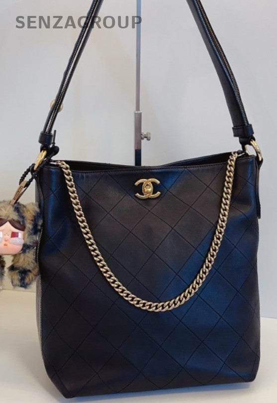Chanel Hobo PM 2Way Shoulder Bag Crossbody Black Gold Women Classic