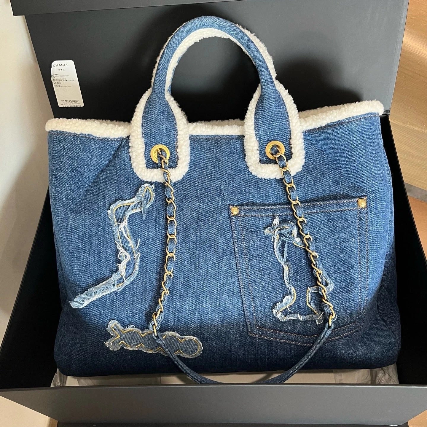 Chanel Denim Shearling Tote Top Handle Bag Shoulder Bag Blue Women