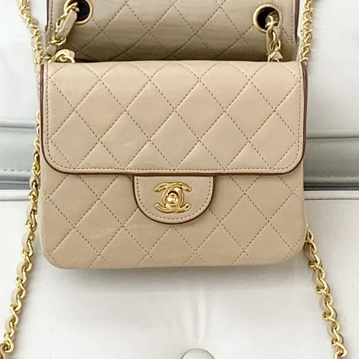 Chanel Vintage Chain Lambskin Shoulder Crossbody Bag Beige Women S
