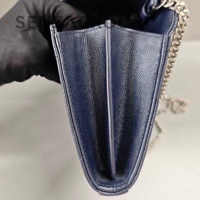 YSL Envelope WOC Chain Shoulder Crossbody Bag Navy Blue Silver Hardware