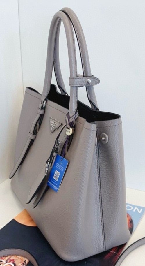 PRADA Double Bag Tote Cross pattern Elephant Gray 2WAY Shoulder Handbag Women