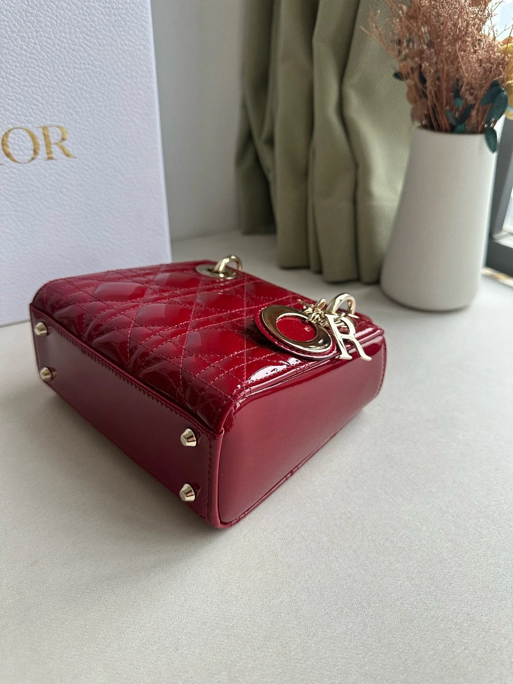 Dior Red Patent Leather 3-Grid Lady Dior Handbag For Women
