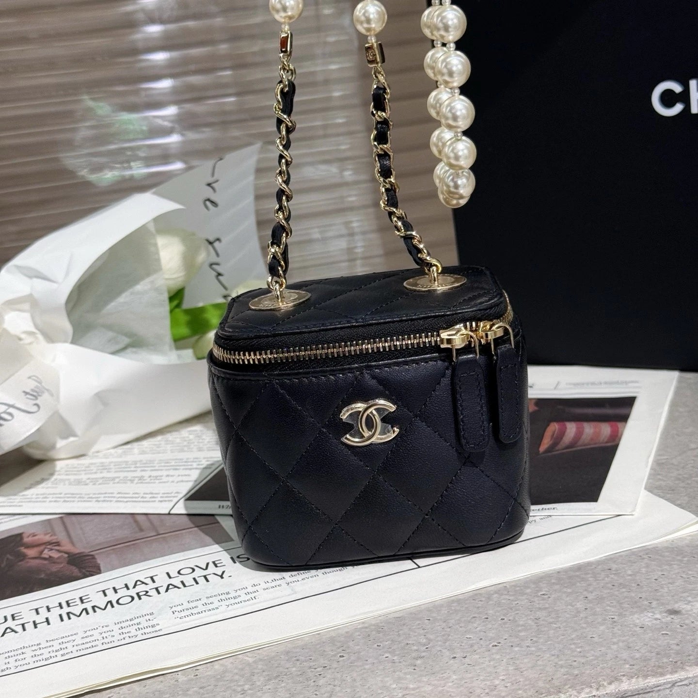 CHANEL Pearl Chain Box Makeup Clutch Crossbody Bag For Women