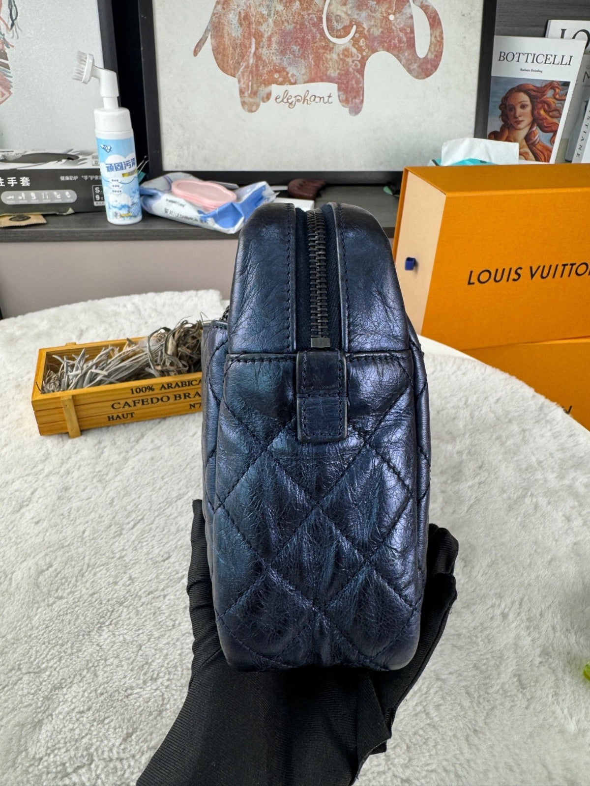 CHANEL 2.55 Camera bag Oil waxed leather Chain Shoulder bag Blue