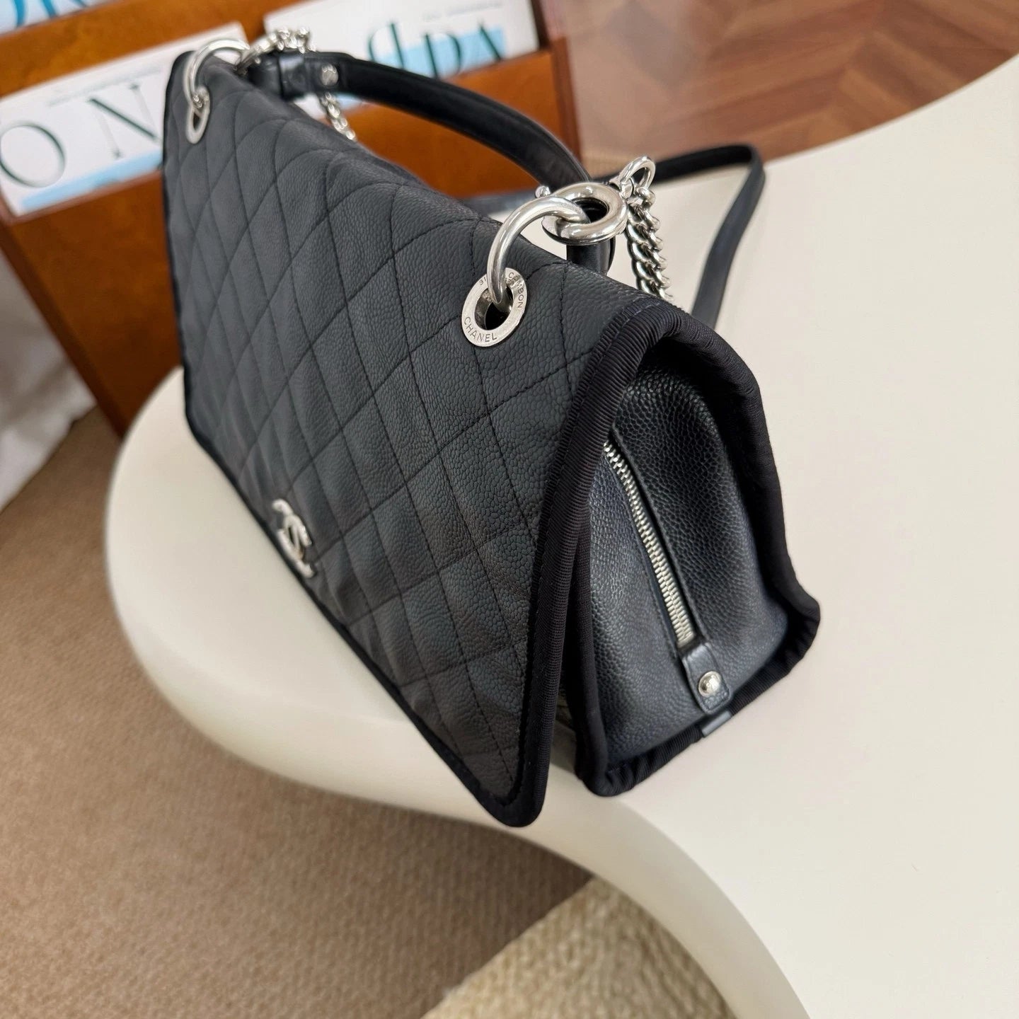 Chanel Classic Flap With Top Handle Chain Shoulder Bag Black Silver Women