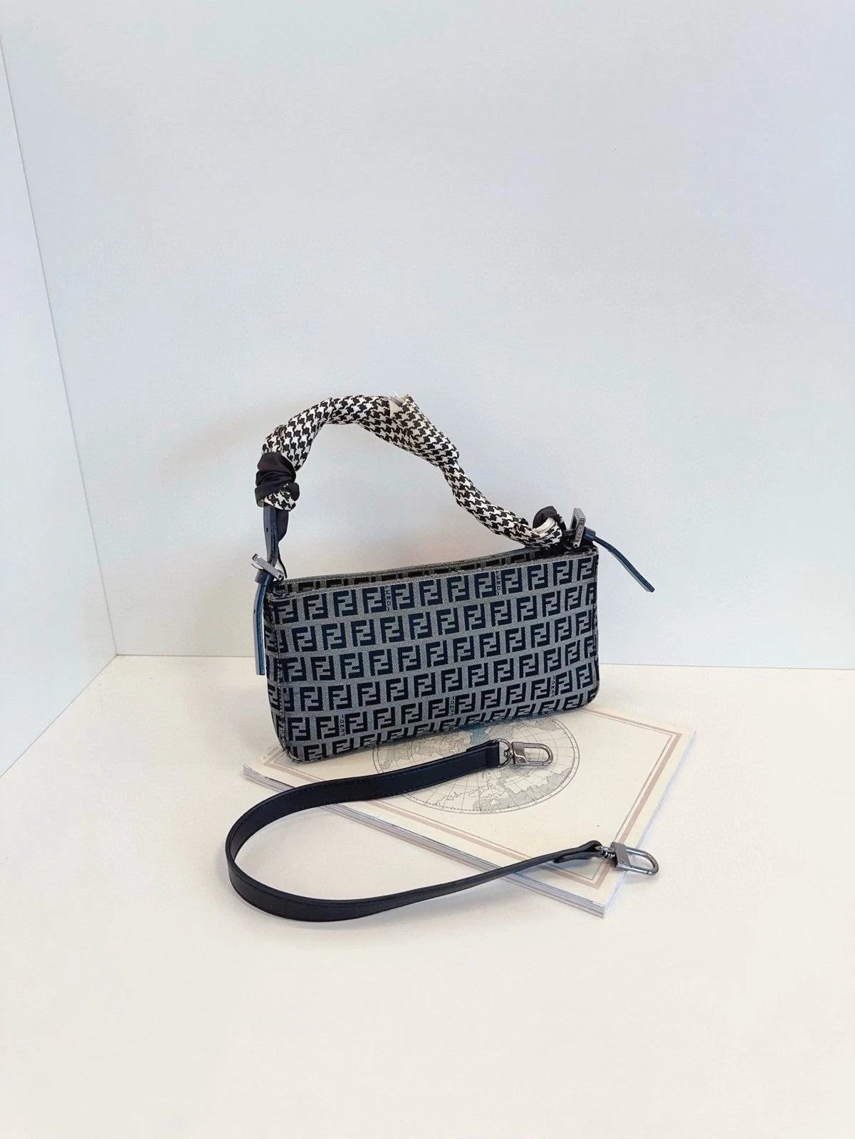 Fendi Blue Canvas Mini Baguette Handbag For Women
