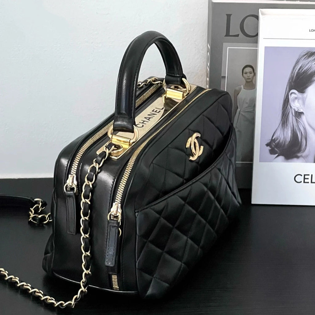 Chanel Trendy CC Lambskin Top Handle Shoulder Bag Black Gold Women Classic