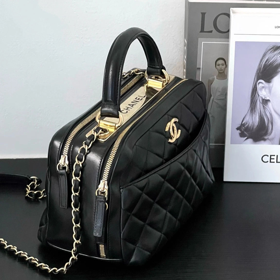 Chanel Trendy CC Lambskin Top Handle Shoulder Bag Black Gold Women Classic
