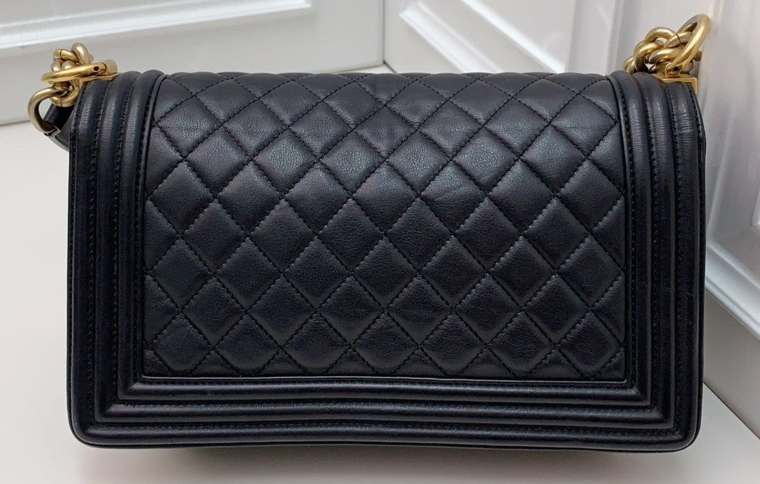 Chanel Leboy Calfskin Chain Shoulder Bag Black Gold Women Classic Diamond