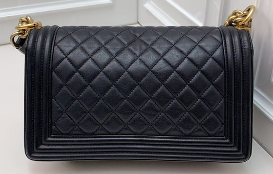 Chanel Leboy Calfskin Chain Shoulder Bag Black Gold Women Classic Diamond