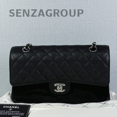 Chanel Classic Flap Calfskin Chain Shoulder Bag Black Silver Women