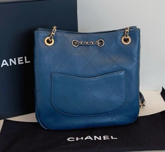 Chanel Calfskin Diamond Chain Shoulder Bag Blue Gold Used Women Classic Fashion