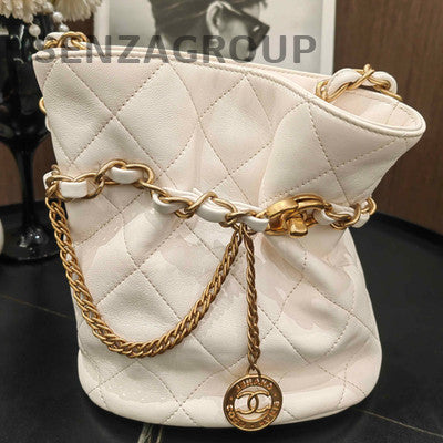 Chanel Coin Bucket Quilted Chain Shoulder Bag in White Gold
