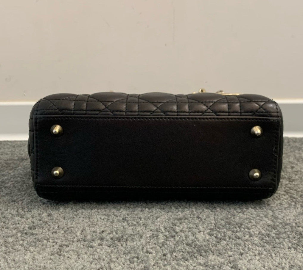 Christian Dior Lady Dior Lambskin Top Handle Bag Black Gold Used Women Classic