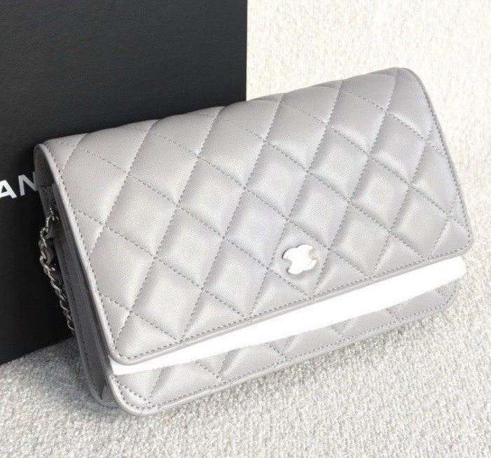 Chanel WOC Lambskin Chain Shoulder Bag Crossbody Gray Silver Women Classic