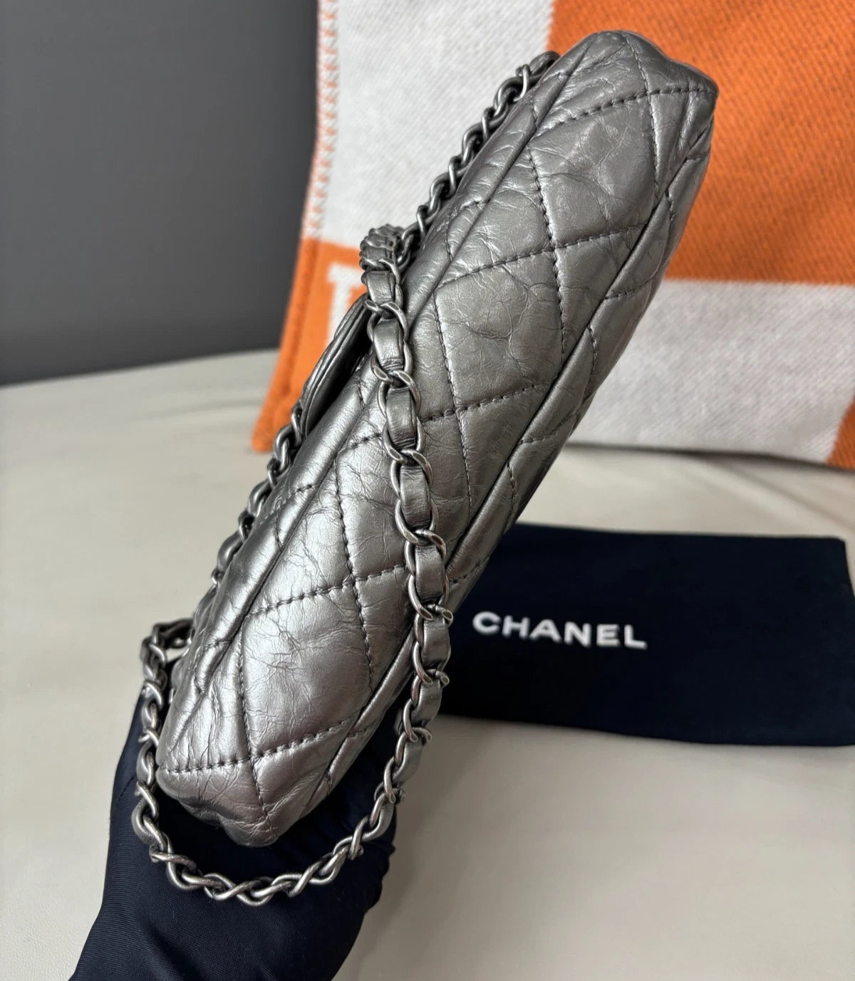 Chanel Classic Flap Calfskin Chain Shoulder Bag Silver Women