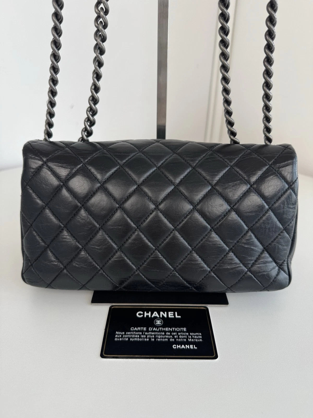 Chanel Classic Flap Cambon Chain Shoulder Bag Black Silver Women Diamond