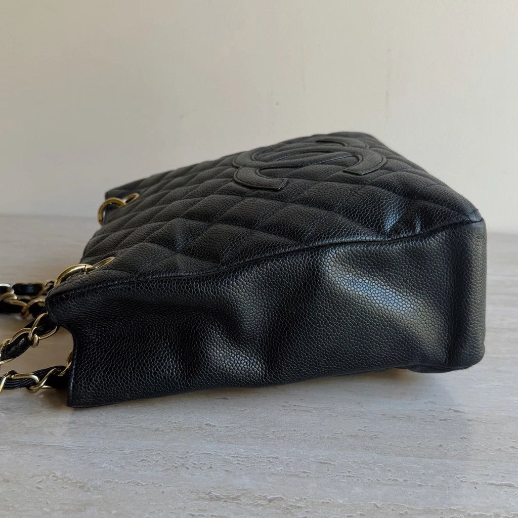 Chanel PST Calfskin Leather Black Tote Chain Shoulder Bag Diamond Gold Hardware
