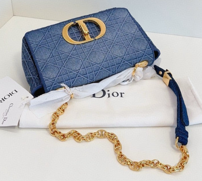 Christian Dior Caro PM Denim Wicker check pattern Chain Shoulder bag Blue Gold