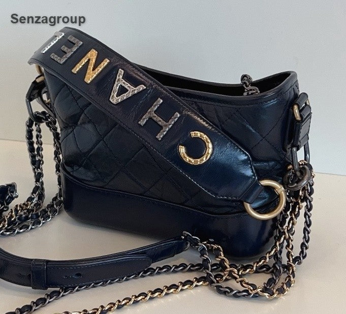 Chanel Gabrielle PM Top Handle Chain Shoulder Bag Crossbody Navy Gold Women