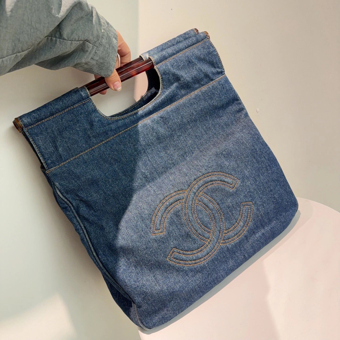 Chanel Denim Tortoise Shell Handle Tote Bag Handbag Blue Classic