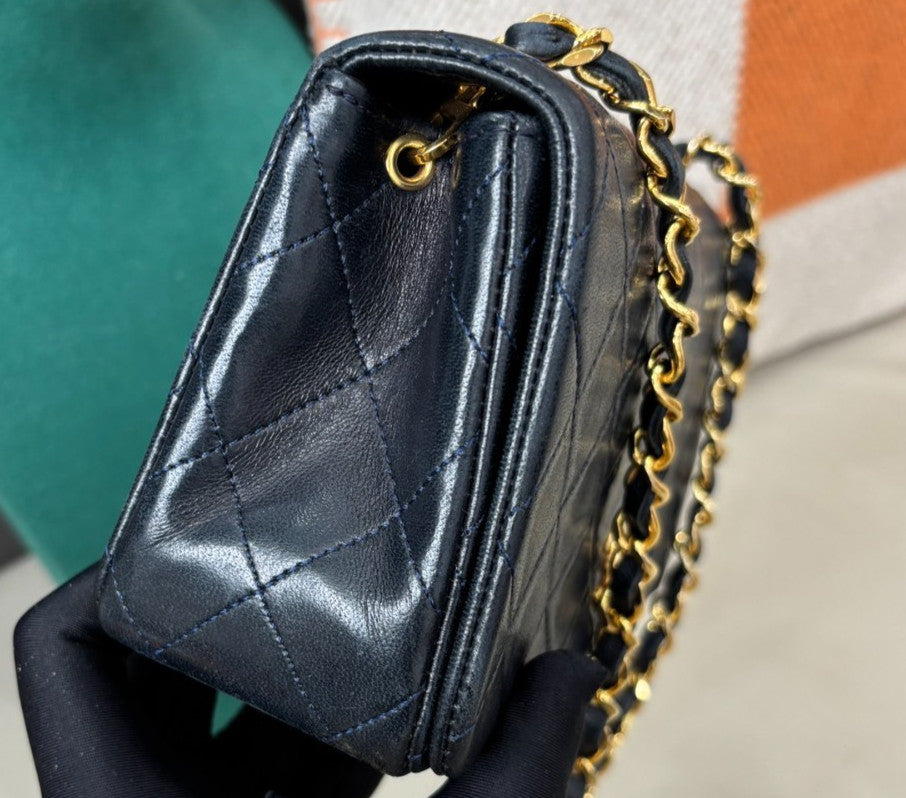 Chanel Lambskin Chain Shoulder Bag Crossbody Blue Gold Women Classic